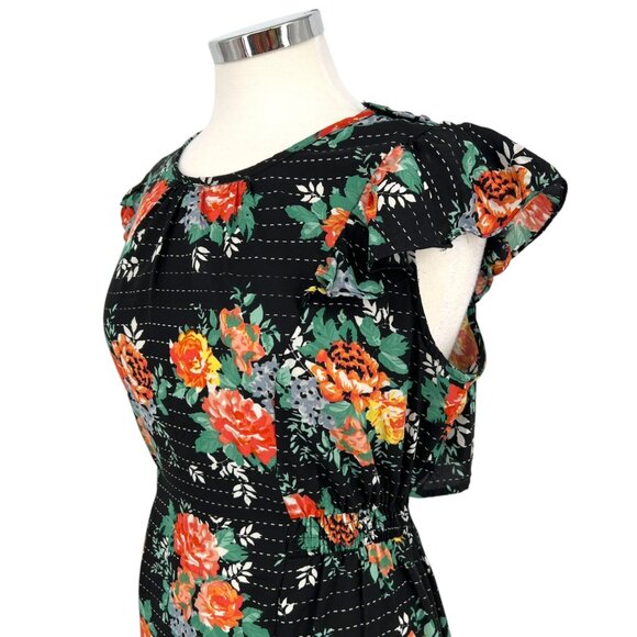 Walter Baker Floral Asymmetric Dress Ruffled Shoulders Black Multi Size Large - Picture 5 of 14
